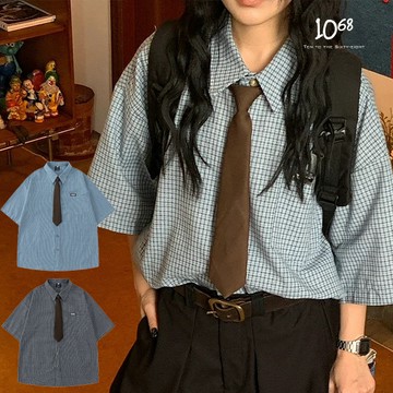 『1068』美式學院風 格紋領帶 短袖襯衫 寬鬆 廓形 襯衣 情侶款 UNISEX【A91694】