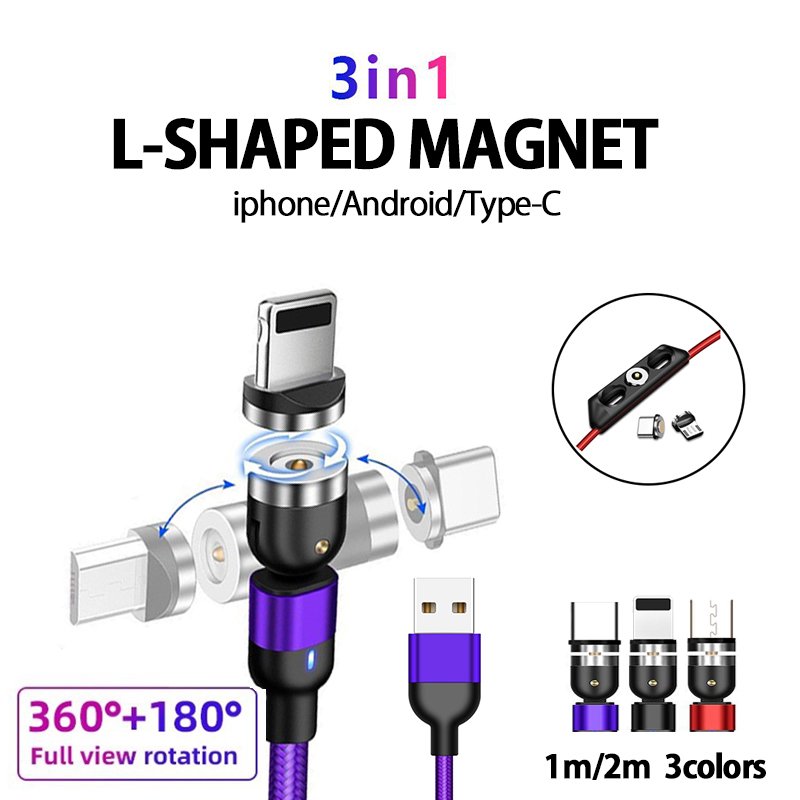 マグネット式 3in1 充電ケーブル 180度＋360度 L字 1m 2m 短い 長い Lightning Type-C MicroUSB 端子ホルダー付き  iPhone Android iPad 通販 LINEポイント最大0.5%GET | LINEショッピング