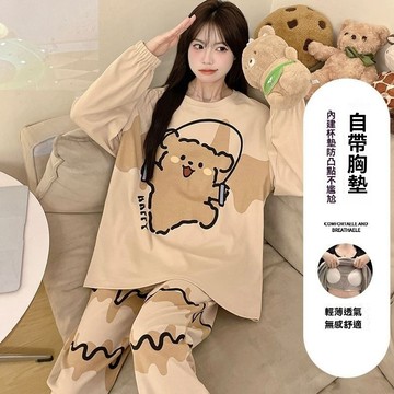 帶胸墊家居服 長袖睡衣套裝 春秋睡衣女 女士睡衣 甜美睡衣 可愛長袖長褲家居服 家居服可外穿 睡衣女 家居服女