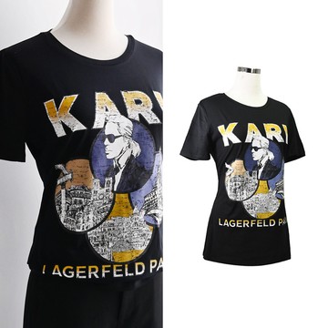 KARL LAGERFELD 卡爾 老佛爺巴黎地標印花棉質短T恤.黑