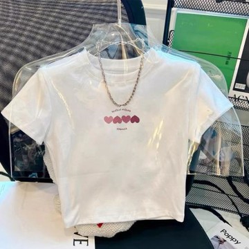 夏日多巴胺穿搭短款辣妹上衣設計感小眾t恤女短袖正肩白色洋氣ins
