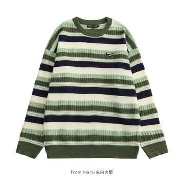 From Mars抹茶綠芝士 條紋拼色肌理感針織衫潮牌寬松慵懶情侶毛衣