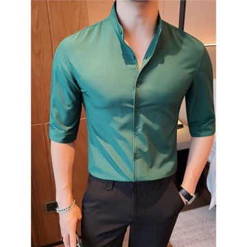 冰絲立領襯衫男短袖痞帥中袖綠色男款上衣免燙商務五分袖男士襯衣