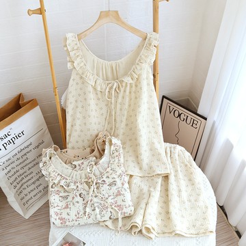 ParrotFashion訂製春夏新款家居服純棉紗布韓版碎花系列吊帶短褲套裝寬鬆睡衣