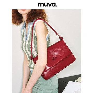 muva秋冬托特包女通勤紅色婚包大容量包包2023新款真皮斜挎單肩包