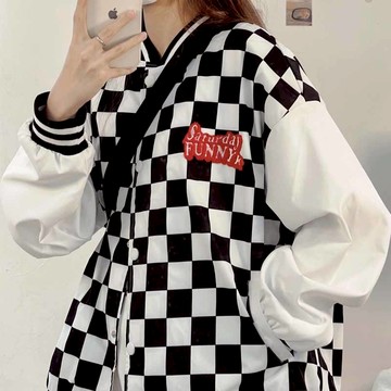 美式高街棋盤格衛衣女春秋寬松學生百搭設計感夾克棒球服潮外套