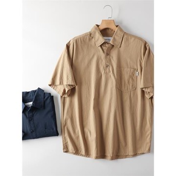 設計師款！半開襟翻領！精紡棉質！夏季男士純色復古休閑短袖襯衫