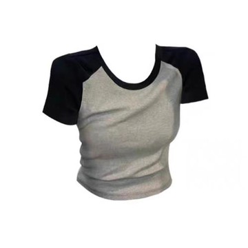 200斤外貿特大碼女裝速賣通亞馬遜歐美風撞色T恤上衣顯瘦復古辣妹