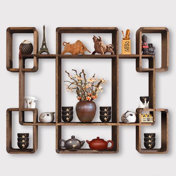 博古架實木中式壁掛式簡約現代茶架子置物架掛墻多寶閣博物架古董