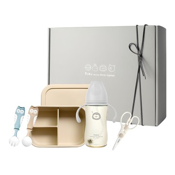 PUKU 藍色企鵝 飽飽午茶副食品入門禮盒  岩灰  練習奶瓶1支+陶瓷食物剪1支+分隔矽膠餐盒1個+學習餐叉組1組+食物剪餐叉組收納盒  1組