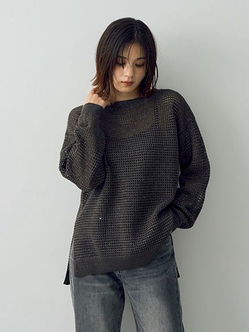 金銀絲網眼側開岔長袖針織上衣(7B43L2C0200) - YECCA VECCA