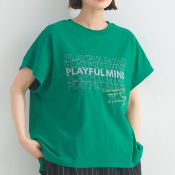 日本 Lupilien - 16OE天竺棉 法式英文標語短袖上衣-草綠