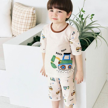 韓國 Maykids - 透氣條紋提花棉七分袖家居服-挖土機-米