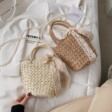 草編包包女夏2025新款時尚珍珠鏈條斜挎包網紅百搭編織手提水桶包