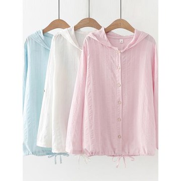 日系文藝小清新簡約木扣暗紋提花寬松全棉連帽短外套女長袖防曬衣