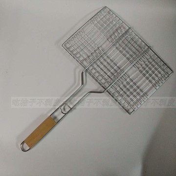 長柄燒烤網不銹鋼烤肉網木柄烤魚夾子網格烤魚拍子雙開燒烤工具1入