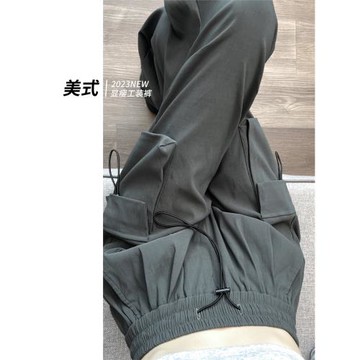 美式工裝褲女2023新款春秋季爆款灰色薄款高腰顯瘦抽繩小個子潮牌