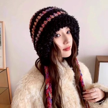 雷鋒帽 可愛毛帽 連帽 流蘇 加絨加厚 大頭圍毛帽 包頭帽 護耳帽 保暖帽 針織帽 顯臉小帽子 防寒帽 冬天必備 033