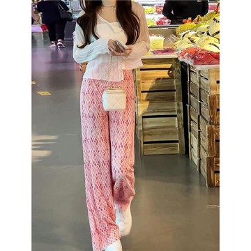 菱形碎花垂感冰絲闊腿褲女2023新款夏高腰顯瘦百褶直筒拖地休閑褲