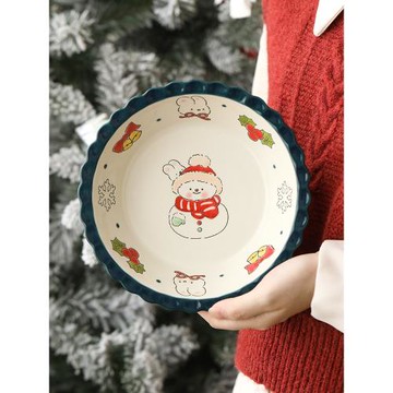 藍蓮花圣誕兔手繪釉下彩早餐盤子高顏值餐具套裝禮盒家用餐盤陶瓷