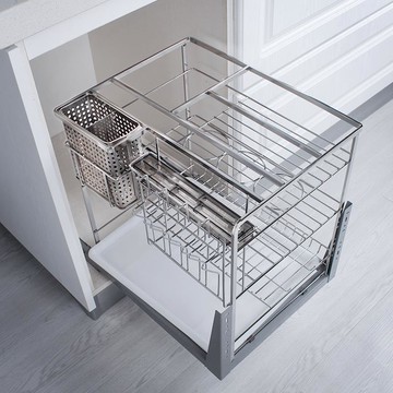 櫥柜調味籃廚房調味拉籃304不銹鋼廚柜調味料刀架抽屜式緩沖阻尼 pb6163