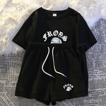 鬆緊腰短褲短袖體恤女生休閒運動套裝女寬鬆大碼短袖胖mm印花兩件套潮