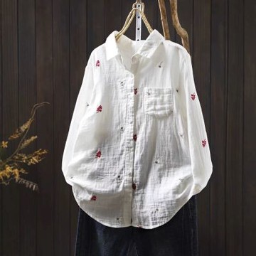 設計所在 棉麻隨性風 刺繡雙層棉紗襯衫(3色可選)