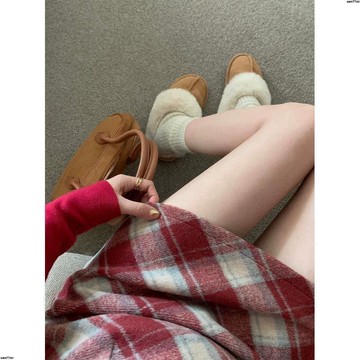 超實惠臘 秋冬女短裙 毛呢短裙 加絨短裙氣質復古紅色格紋毛呢半身裙女秋冬新款洋氣高腰顯瘦a字短裙