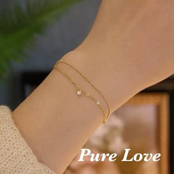 Pure Love樂芙 / 正韓 銀飾【S925純銀】B0906簡約通體純銀MINI鋯石水鑽纖細雙層手鏈 / 金
