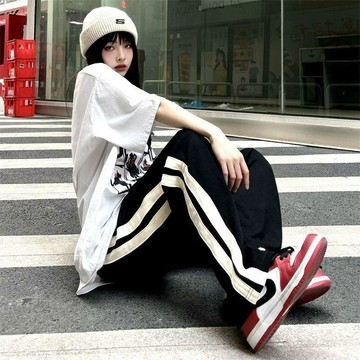 【高腰顯瘦】女裝 高腰長褲 黑色 休閒 闊腿褲 嘻哈 潮流 美式 hiphop 小個子 洋氣 春夏 新款 長褲