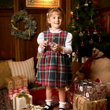 歡樂熊優雅格紋兩件式洋裝-領片可拆