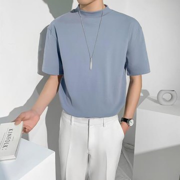 輕熟風短袖T恤男夏季半高領高級感韓版寬松純色半袖小清新打底衫