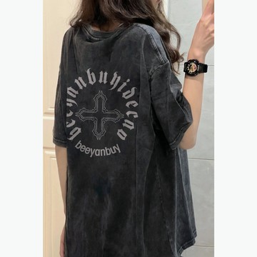 【林木木】100%純棉 水洗做舊 復古 韓版上衣 短袖上衣 古著 復古 oversize t恤 美式 長版 寬鬆 短袖