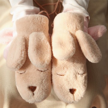 沛錦保暖手套女 冬天甜美風小白兔大耳朵毛絨絨加絨包指掛繩手套1入