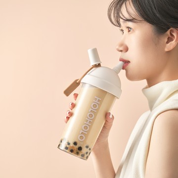 HOLOHOLO MILKTEA CUP 大奶茶吸管杯（720ml／4色） - 芝芝紫-背帶組合(加贈吸管刷)