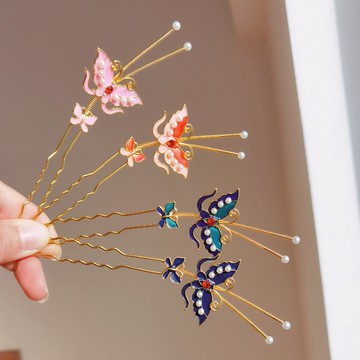 念念桃花10.9一對顫枝蝴蝶發簪撲棱蛾子彈簧發釵漢服頭飾小U釵