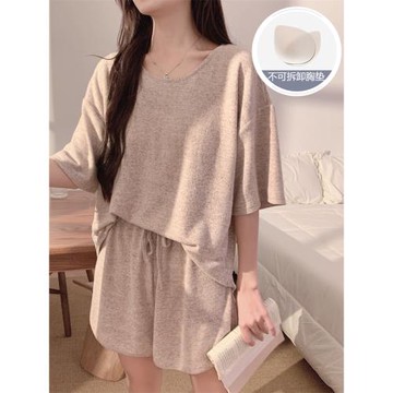 2025新款性感短袖帶胸墊一體防凸點睡衣女夏季寬松大碼家居服套裝
