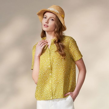 進口純棉玫瑰印花V立領襯衫