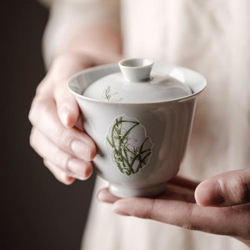 中式仿古古青釉小號陶瓷窗蘭花復古仿燙手蓋碗功夫茶具茶杯泡茶碗