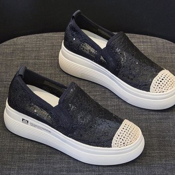 2024夏季新款透氣防滑網紗蕾絲內增高休閑女鞋子低幫7厘米漁夫鞋