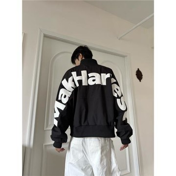 DHSS美式街頭字母貼皮刺繡飛行夾克春季男女寬松休閑棒球拉鏈外套