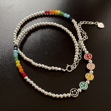 4.28小寶S925純銀彩色五個笑臉項鏈女鎖骨鏈輕奢小眾設計高級感