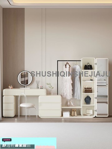 新品免運 實木化妝桌簡約衣帽架臥室全身鏡收納柜床尾斗柜梳妝臺一體書桌