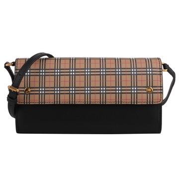 BURBERRY 巴寶莉  - 格紋拚接皮革可拆帶翻蓋斜背包 (深卡其X黑)