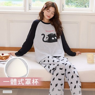 成套睡衣【罩杯式】煤球小貓 印花圓領插肩長袖長褲 居家服 8305