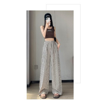 二色實拍 S-XL 冰絲豎條紋闊腿長褲女 彎刀褲 休閒褲 鬆緊腰垂墜感寬褲 涼感透氣休閒拖地褲 條紋長褲女 秋天褲子