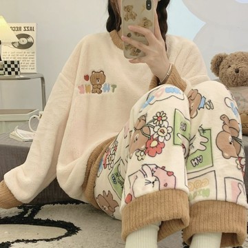 【桃園出貨🔥】ins風珊瑚絨睡衣女秋冬季長袖保暖加絨加厚法蘭絨時尚家居服套裝