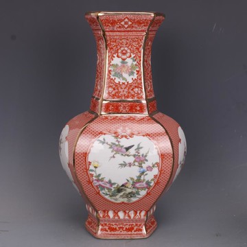 清乾隆描金琺瑯彩花鳥六方賞瓶仿古瓷器家居中式擺件古董古玩收藏1入