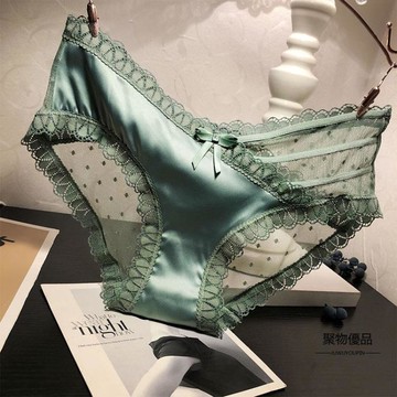 宮廷輕奢綢緞蕾絲內褲女性感中低腰綁帶透明誘惑三角底褲【聚物優品】