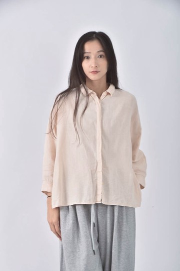 (F) uniqlo亞麻素面粉色長袖上衣